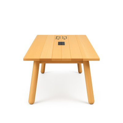 Tweedehands DUM vergadertafel 5 personen met houten blad en ronde poten