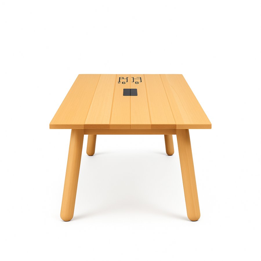 Tweedehands DUM vergadertafel 5 personen met houten blad en ronde poten