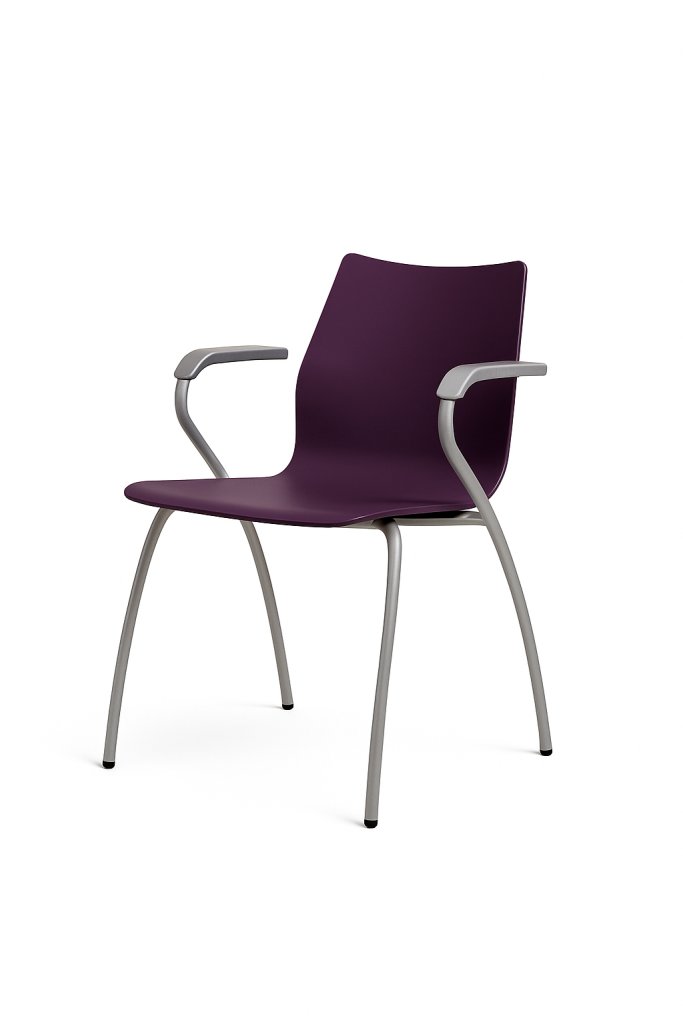 Tweedehands kantinestoel paars met metalen frame en kunststof zitting